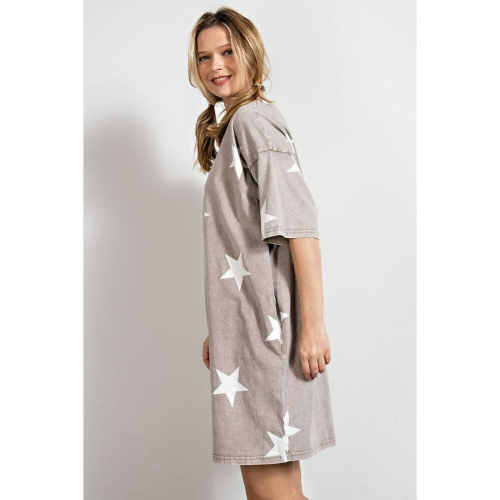 SALE! EASEL Clothing Mushroom Star Print Short Sleeve Dress Mineral Wash ED17082 - Picture 4 of 5